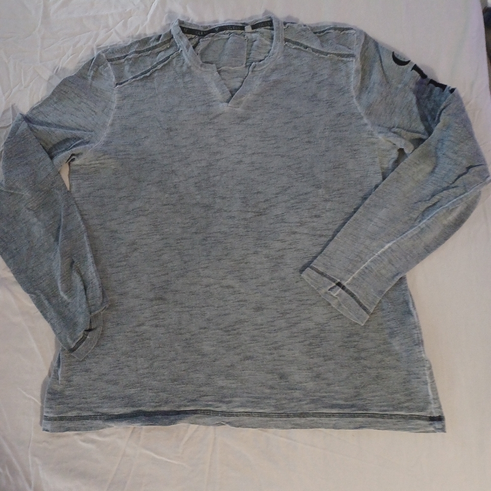 Guess Y2K mens XL gray heather long sleeve black flocked logo spellout on sleeve